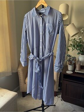 Ralph Lauren Striped Cotton Broadcloth Shirtdress with Waist Tie